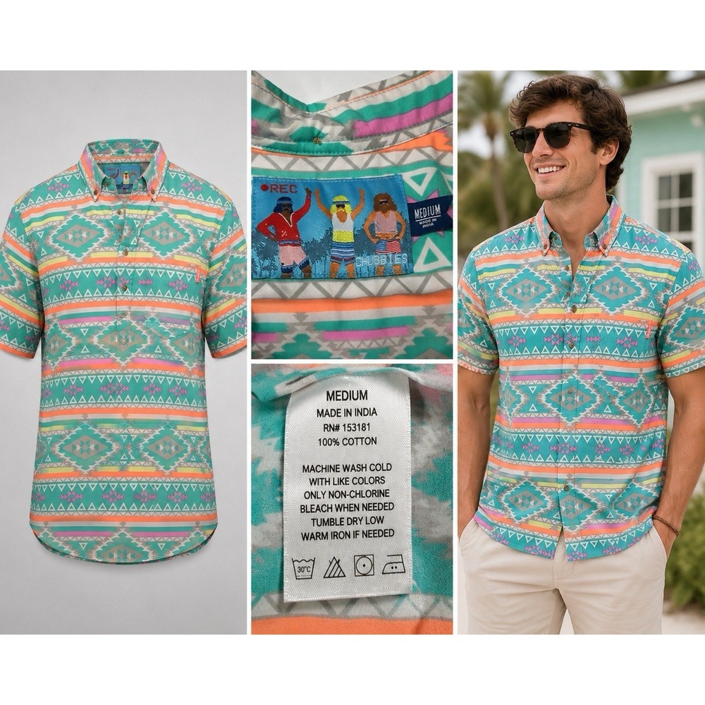 Chubbies En Fuego M Large Short Sleeve Button‎ Shirt Teal Aztec Pink Gray Preppy